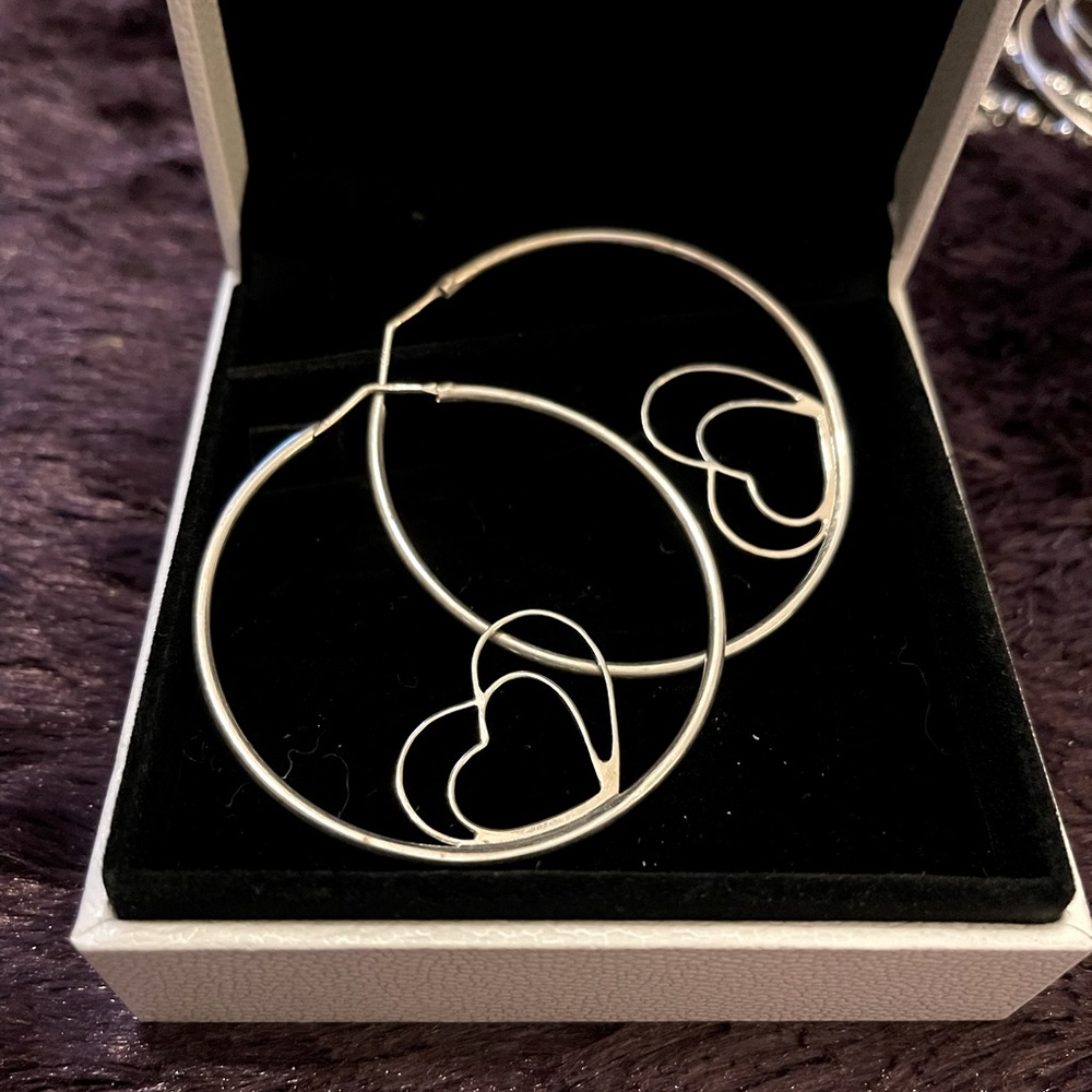 Rare Sterling silver Round formed heart 2 inch hoops .